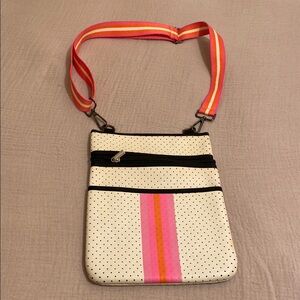PARKER & HYDE Striped Accent White Crossbody Bag with Pink & Orange Stripe
